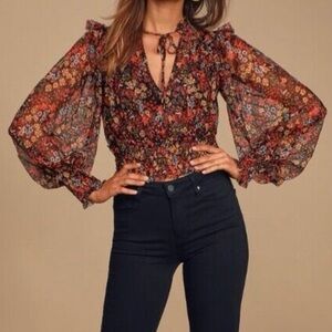Free People Women’s Twyla Smocked Cropped Black Floral Sheer Blouse Top, Large